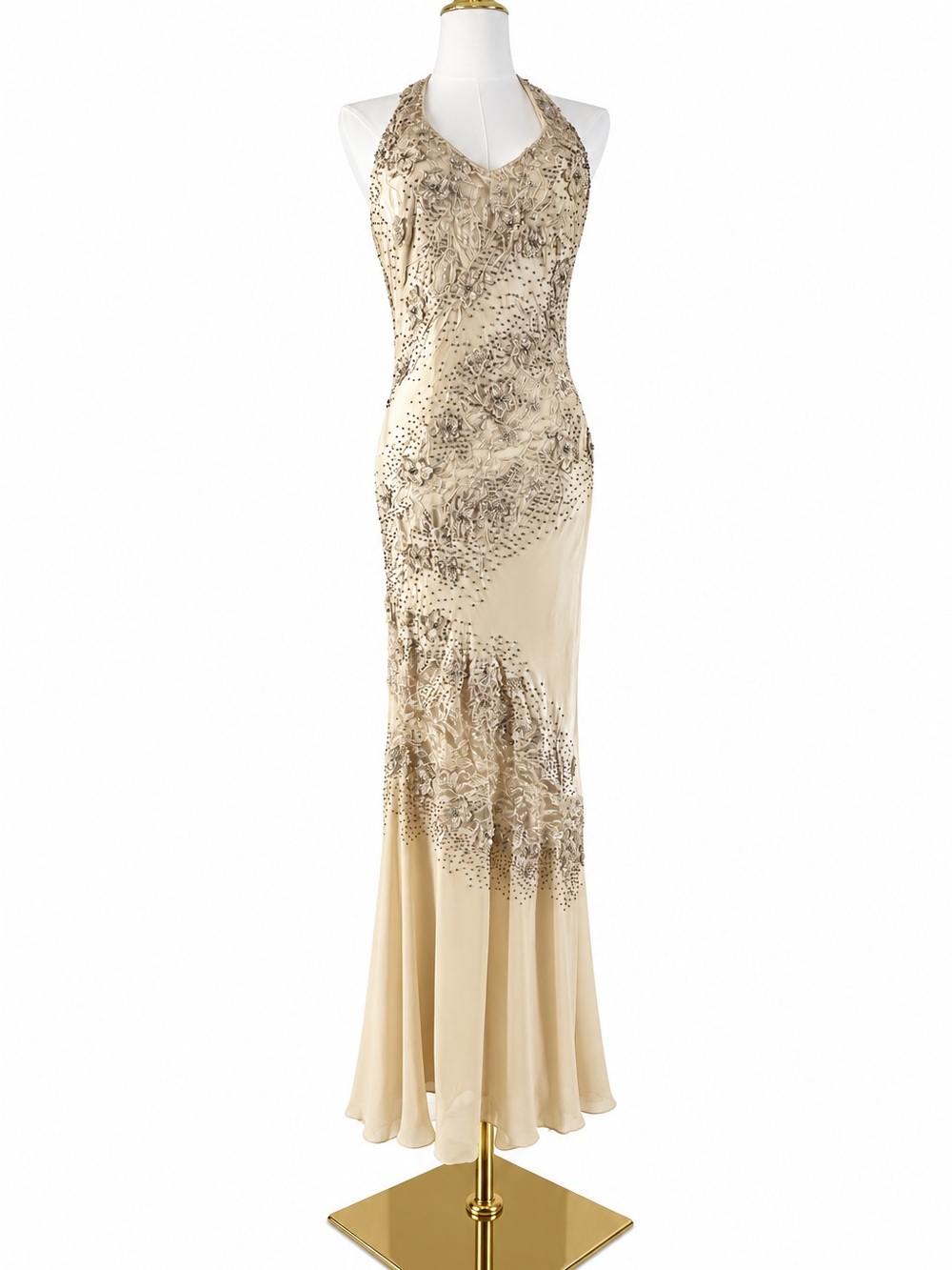 Vintage 2005 Sue Wong Nocturne Silk Beaded Halter Gown Champagne Size 4